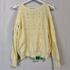 Chateauamour Women’s Apricot Ribbed Bead Cluster Cutout Shoulder Sweater Cream